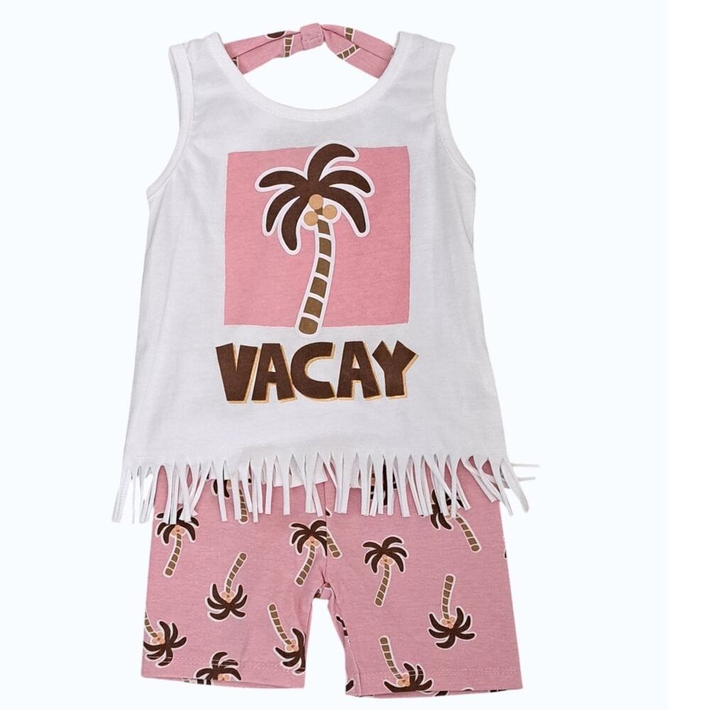 Girl's Pink White Vacay Palm Tree Graphic Fringed Top Shorts Set 2T NWOT